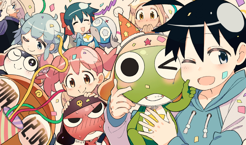 >_o 2019 2boys 3girls angol_mois azumaya_koyuki black_hair blonde_hair blue_hair confetti dated dororo_(keroro_gunsou) giroro hat highres hinata_fuyuki hinata_natsumi holding holding_party_popper houjou_mutsumi keroro keroro_gunsou kururu_(keroro_gunsou) multiple_boys multiple_girls nishizawa_momoka one_eye_closed party_hat party_popper pink_hair streamers tamama yukkeroro