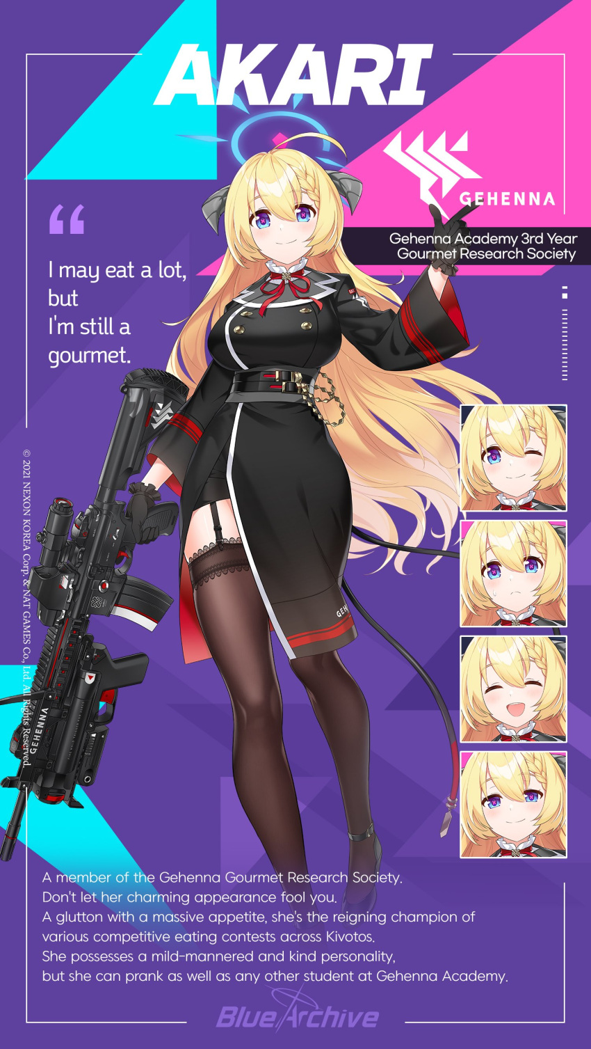 1girl 9ml absurdres akari_(blue_archive) assault_rifle asymmetrical_clothes belt blonde_hair blue_archive character_name character_sheet demon_horns ecotech_exps3 english_text eotech_g33 full_body gloves grenade_launcher gun h&amp;k_ag36 h&amp;k_hk416 halo high_heels highres holding holding_gun holding_weapon horns long_hair long_sleeves m320 official_art rifle scope slit solo thigh-highs thigh_strap trigger_discipline underbarrel_grenade_launcher uniform very_long_hair weapon