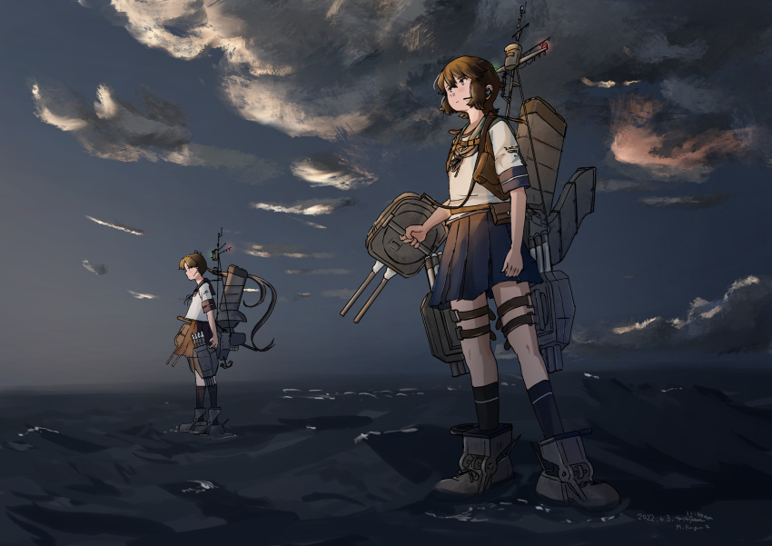 2girls adapted_turret ayanami_(kancolle) ayanami_kai_ni_(kancolle) black_legwear black_skirt blue_skirt brown_eyes brown_hair cannon clouds day highres kantai_collection kneehighs kuragare long_hair mast miyuki_(kancolle) multiple_girls ocean outdoors pleated_skirt school_uniform serafuku short_hair short_sleeves side_ponytail skirt smokestack standing standing_on_liquid torpedo torpedo_launcher torpedo_tubes