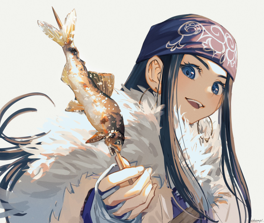 1girl asirpa bandana black_hair blue_bandana blue_eyes champi earrings fish fur_trim golden_kamuy grilled_fish highres holding holding_skewer hoop_earrings jewelry long_hair open_mouth portrait simple_background skewer smile solo white_background