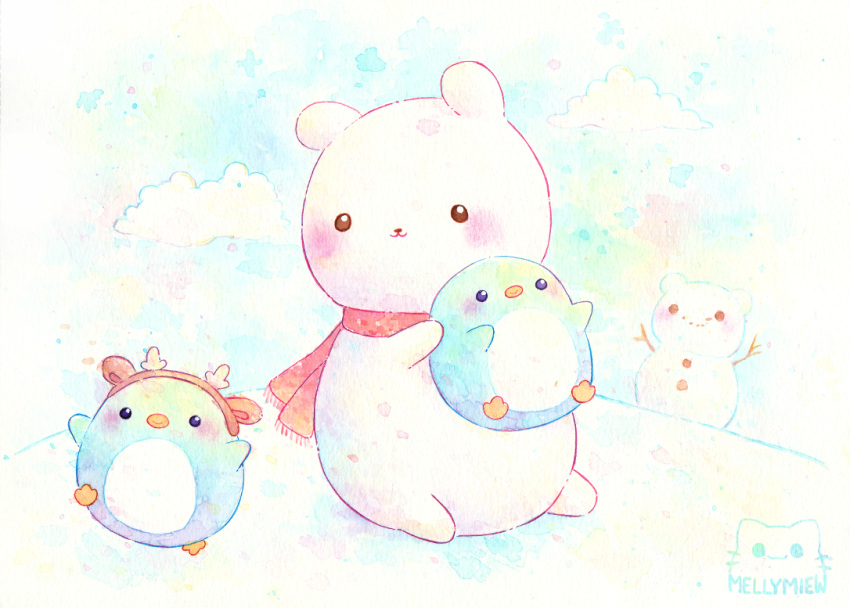 :3 animal animal_focus artist_logo artist_name bear bird bisquii blush chibi closed_mouth clouds english_commentary fake_antlers holding looking_at_another no_humans original outdoors painting_(medium) penguin red_scarf scarf sitting smile snow snowman standing standing_on_one_leg traditional_media watercolor_(medium)