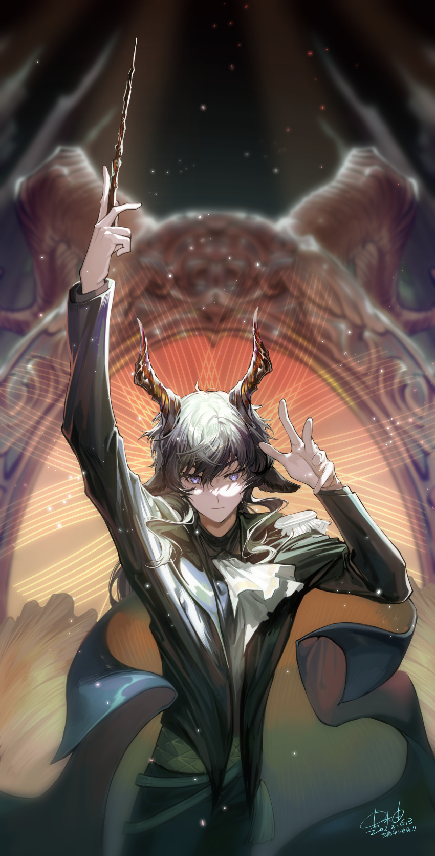 1boy absurdres animal_ears arknights arm_up ascot baton_(conducting) black_hair black_jacket cape chongyou_pomelo commentary ebenholz_(arknights) hand_up highres holding horns jacket long_sleeves male_focus short_hair solo upper_body violet_eyes white_ascot