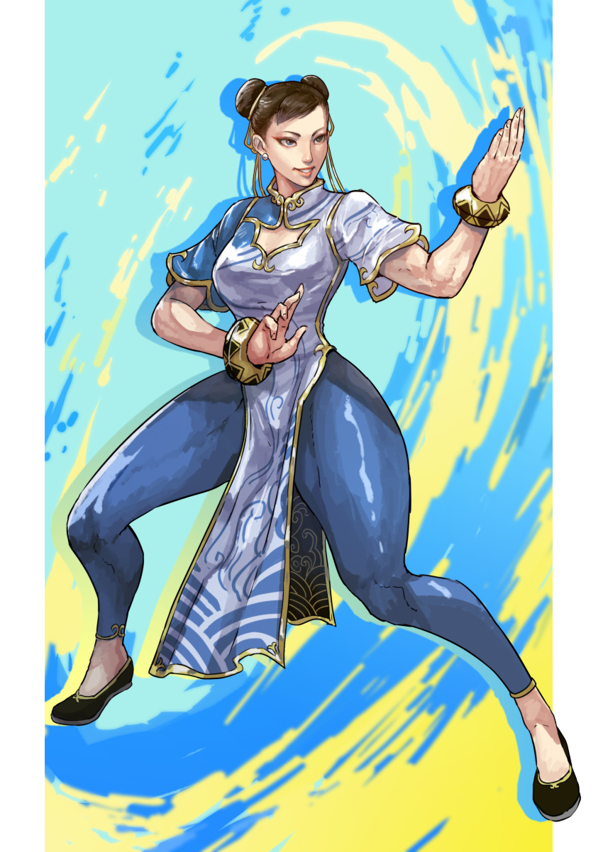 1girl absurdres bangs blue_pants bracelet brown_hair chest_cutout chinese_clothes chun-li cirenk double_bun fighting_stance hair_ribbon highres jewelry pants pelvic_curtain ribbon smile solo standing street_fighter street_fighter_6 swept_bangs thick_thighs thighs