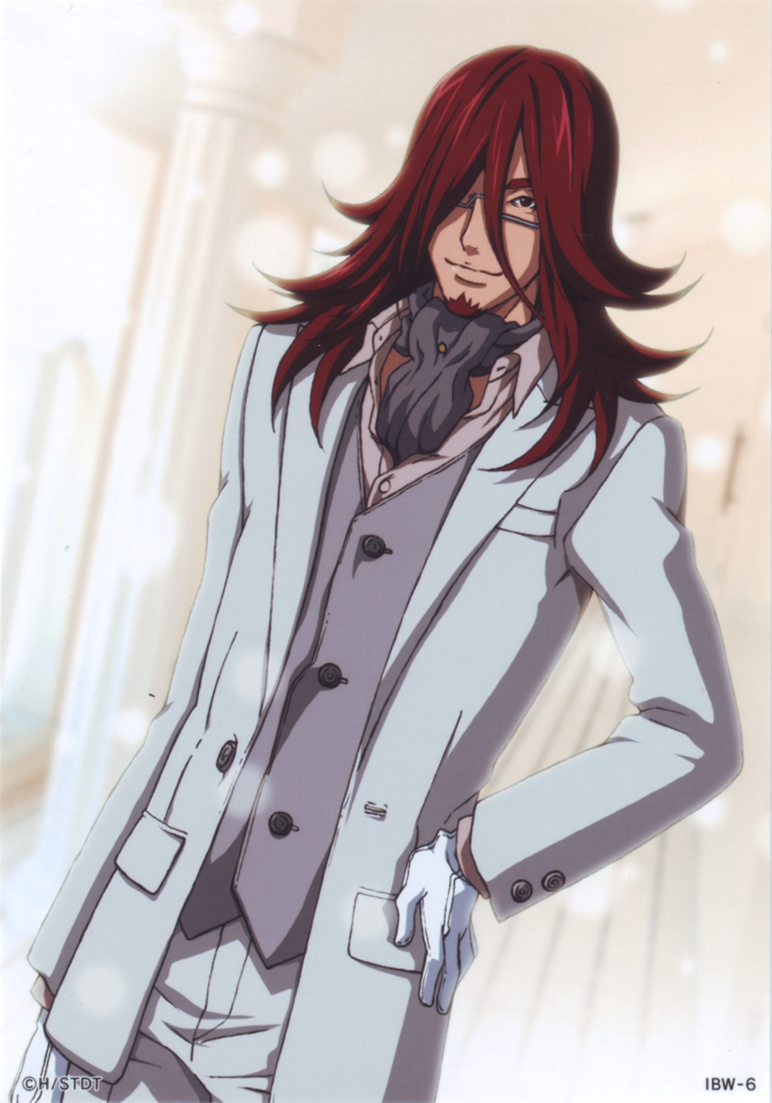 1boy cravat cross_marian d.gray-man facial_hair formal glasses gloves goatee hair_between_eyes hair_over_one_eye hand_on_hip long_hair male official_art red_hair smile solo suit white_gloves