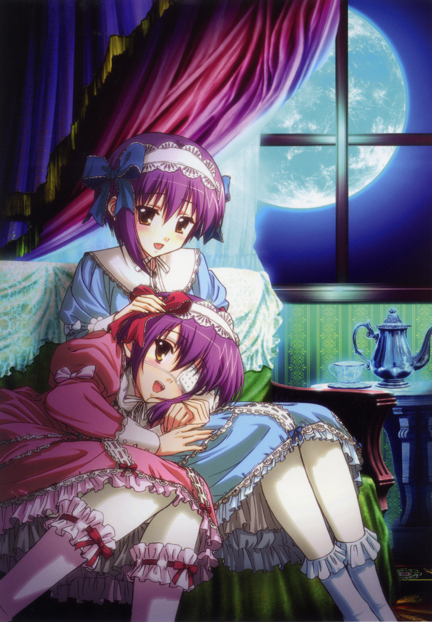2girls :d absurdres bobby_socks cup curtains ef ef_~a_fairytale_of_the_two~ eyepatch frills full_moon garters hair_ribbon highres holding_hands juliet_sleeves kneehighs lolita_fashion lolita_hairband long_sleeves moon multiple_girls night open_mouth puffy_sleeves ribbon scan shindou_chihiro shindou_kei siblings sisters smile socks sweet_lolita teacup teapot twins window