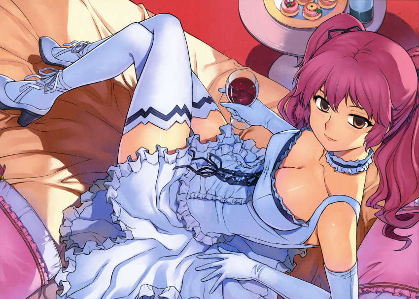 breasts brown_eyes choker cleavage crossed_legs cup down_blouse dress elbow_gloves freezing from_above genessa_roland glass gloves high_heels highres kim_kwang-hyun kim_kwang_hyun legs looking_up pink_hair screening shoes sitting solo thigh-highs thighhighs twintails wine wine_glass zettai_ryouiki