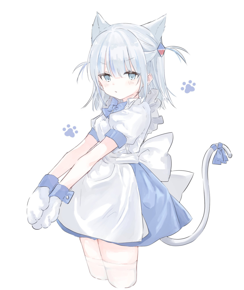 1girl alternate_costume animal_ears animal_hands apron bangs blue_bow blue_eyes blue_hair blue_skirt blunt_bangs bow bowtie cat_ears cat_tail cowboy_shot cropped_legs eyebrows_visible_through_hair gawr_gura gloves hair_ornament highres hololive hololive_english looking_at_viewer maid maid_apron maid_headdress multicolored_hair nyanyan_nya parted_lips paw_gloves shark_hair_ornament simple_background skirt solo streaked_hair tail thigh-highs two_side_up v-shaped_eyebrows virtual_youtuber white_background white_hair white_legwear wrist_cuffs