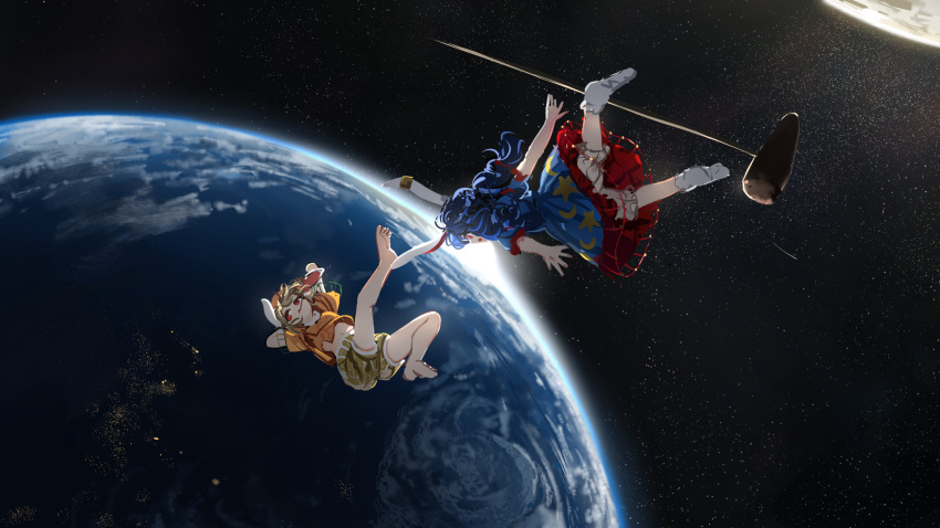 2girls animal_ears arms_behind_head arms_up bare_legs barefoot blonde_hair bloomers blue_hair brown_headwear dress earth_(planet) flat_cap full_body hat highres in_orbit knee_up leg_up long_hair looking_at_another looking_up mallet medium_hair midriff_peek moon mouth_hold multiple_girls navel orange_shirt outstretched_arms planet rabbit_ears red_eyes ringo_(touhou) seiran_(touhou) shirt short_sleeves shorts skewer socks soles space star_(sky) stomach striped striped_shorts sun suna_(s73d) toes touhou underwear yellow_shorts zero_gravity