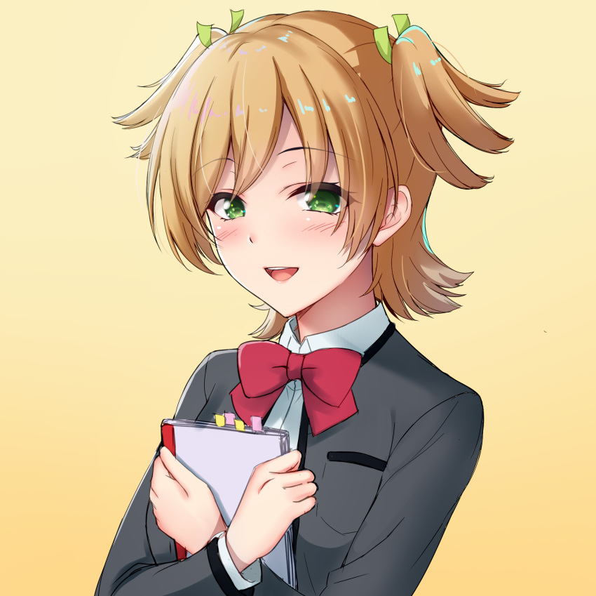 1girl :d akatsuki_rabbit bangs blonde_hair blush book book_hug bookmark bow bowtie breast_pocket collared_shirt commentary_request daiba_nana eyebrows_visible_through_hair gradient gradient_background green_eyes green_ribbon grey_jacket hair_ribbon hands_up highres holding holding_book jacket long_hair looking_at_viewer object_hug open_clothes open_jacket open_mouth pocket red_bow red_bowtie ribbon school_uniform seishou_music_academy_uniform shirt short_hair short_twintails shoujo_kageki_revue_starlight smile solo teeth twintails upper_body upper_teeth white_shirt yellow_background