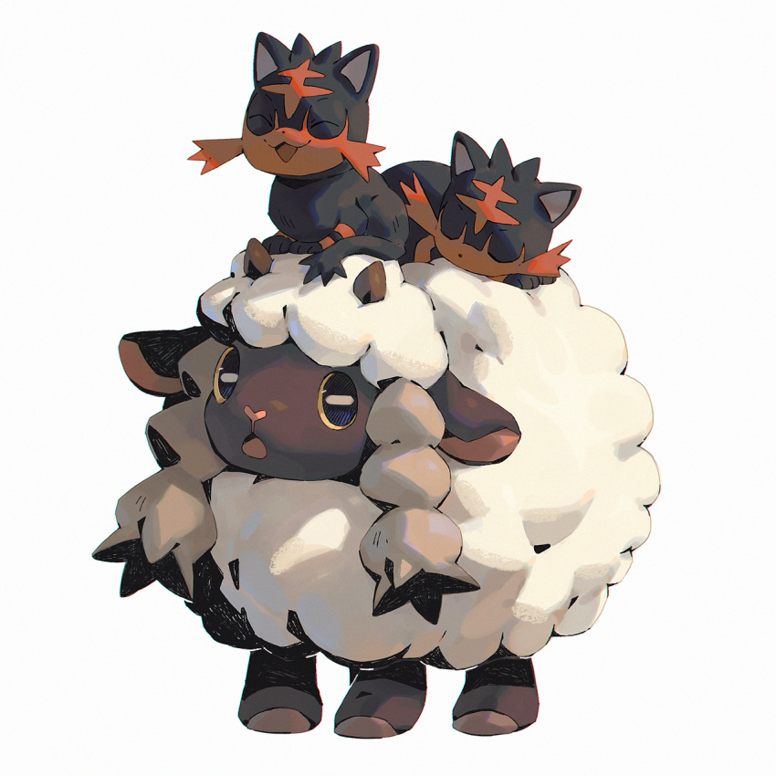 :d :o bluekomadori closed_eyes colored_sclera commentary highres litten lying no_humans open_mouth pokemon pokemon_(creature) sheep sleeping smile tongue white_background wooloo yellow_sclera