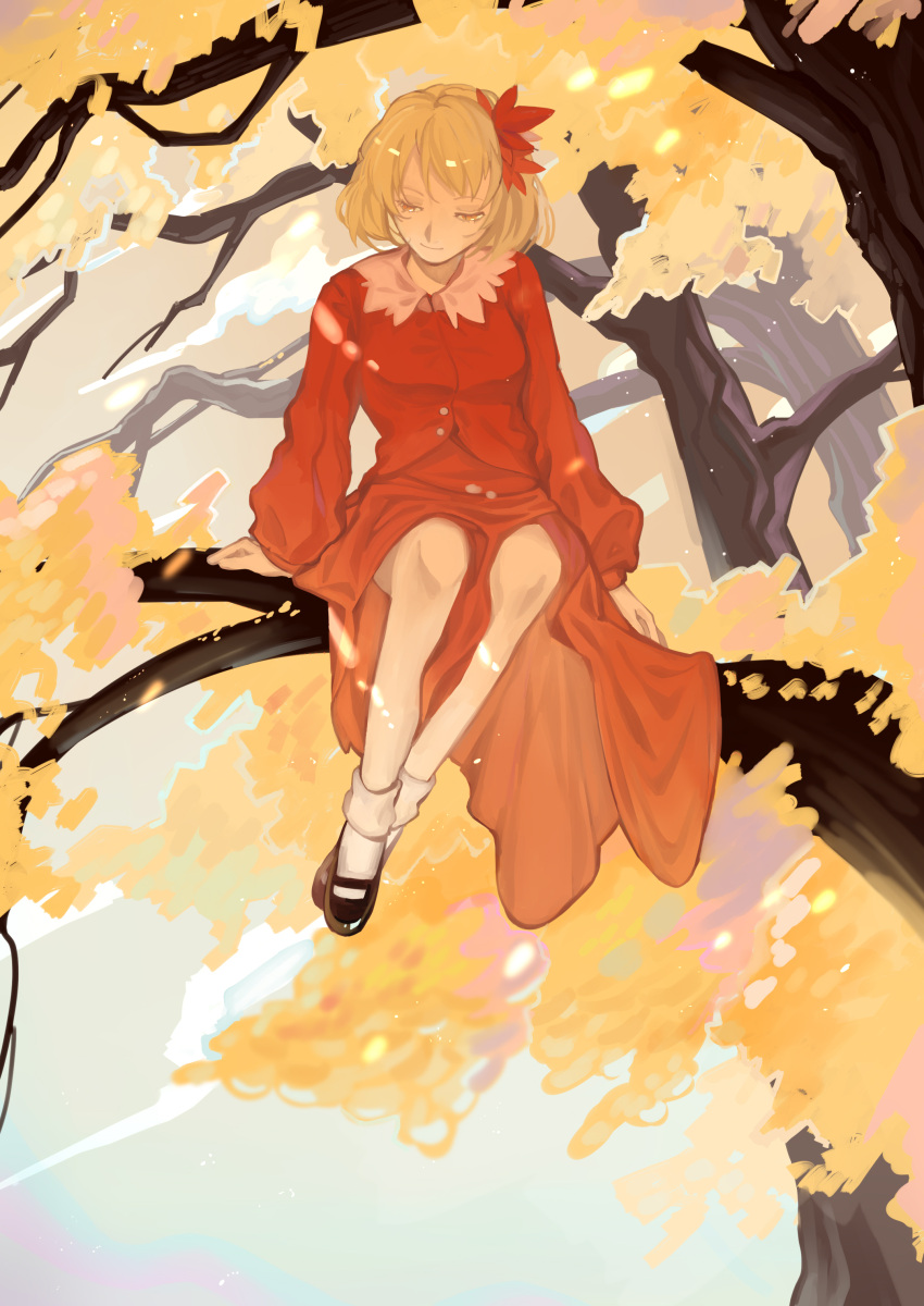 1girl absurdres aki_shizuha arm_support arms_at_sides autumn autumn_leaves black_footwear blonde_hair bobby_socks branch chinese_commentary closed_mouth collared_dress commentary dress full_body hair_ornament highres leaf_hair_ornament long_sleeves looking_down mary_janes orange_dress orange_eyes shoes short_hair sitting smile socks solo touhou tree white_legwear yongyu366
