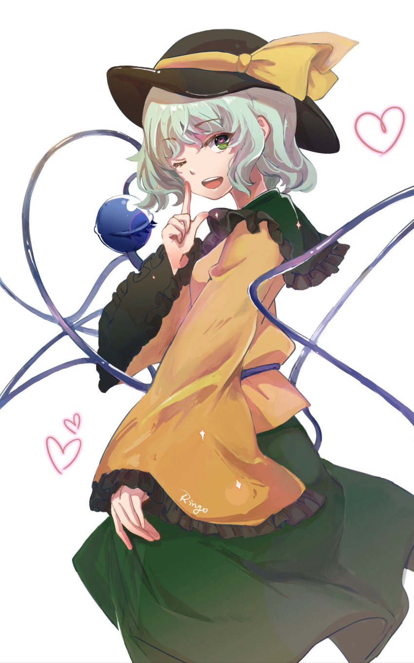 1girl ;d absurdres artist_name black_headwear blouse commentary cowboy_shot finger_to_cheek frilled_shirt_collar frilled_sleeves frills from_side green_eyes green_hair green_skirt hat hat_ribbon heart heart_in_eye highres komeiji_koishi long_sleeves looking_at_viewer looking_to_the_side medium_hair one_eye_closed open_mouth ribbon ringo_orihara shirt simple_background skirt smile symbol_in_eye teeth third_eye touhou upper_teeth white_background wide_sleeves yellow_ribbon yellow_shirt