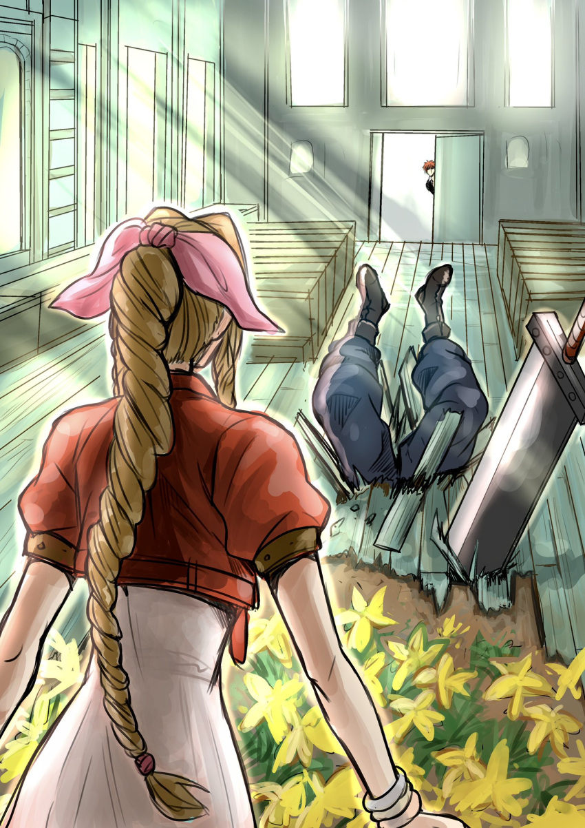 1girl 2boys aerith_gainsborough baggy_pants blue_pants boots bracelet braid braided_ponytail buster_sword church cloud_strife cropped_jacket dress final_fantasy final_fantasy_vii flower hair_ribbon highres igusaharu indoors jacket jewelry legs_up light_beam lower_body multiple_boys open_door pants pew pink_dress planted planted_sword red_jacket redhead reno_(ff7) ribbon sidelocks sword upper_body wavy_hair weapon window wooden_floor yellow_flower