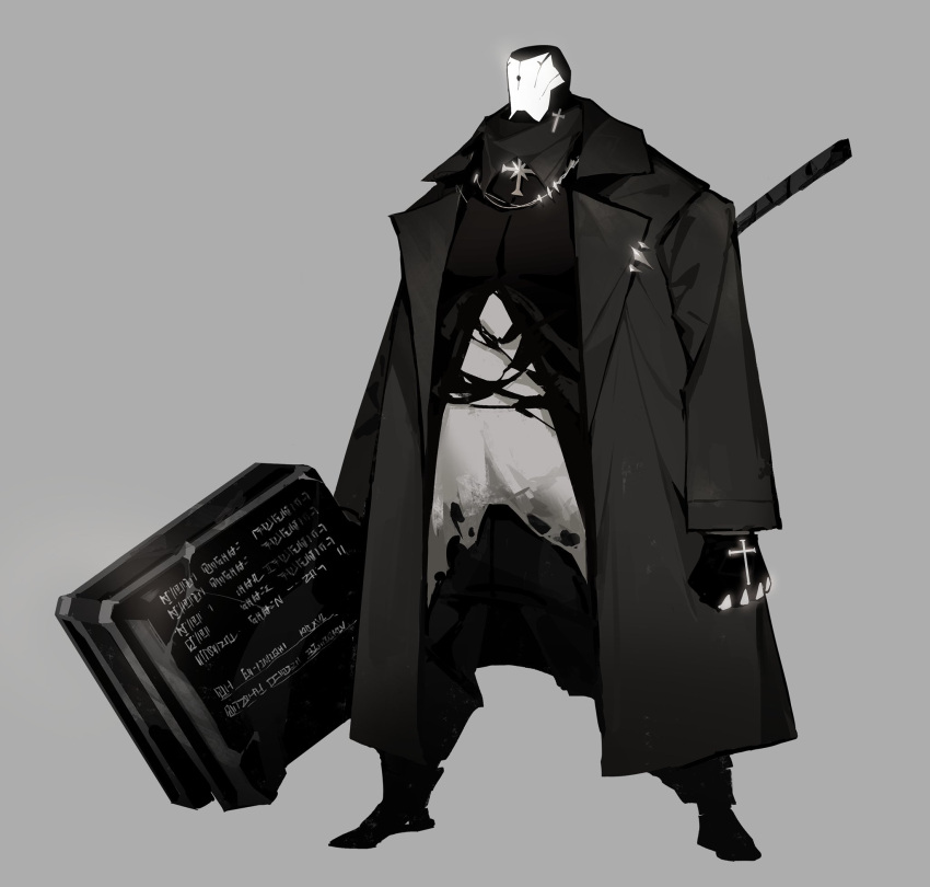 1boy black_coat black_gloves clenched_hand coat crack cross glint gloves grey_background hammer highres holding holding_hammer holding_weapon male_focus mask open_clothes open_coat open_mouth original simple_background solo standing torn torn_clothes viiiper weapon writing