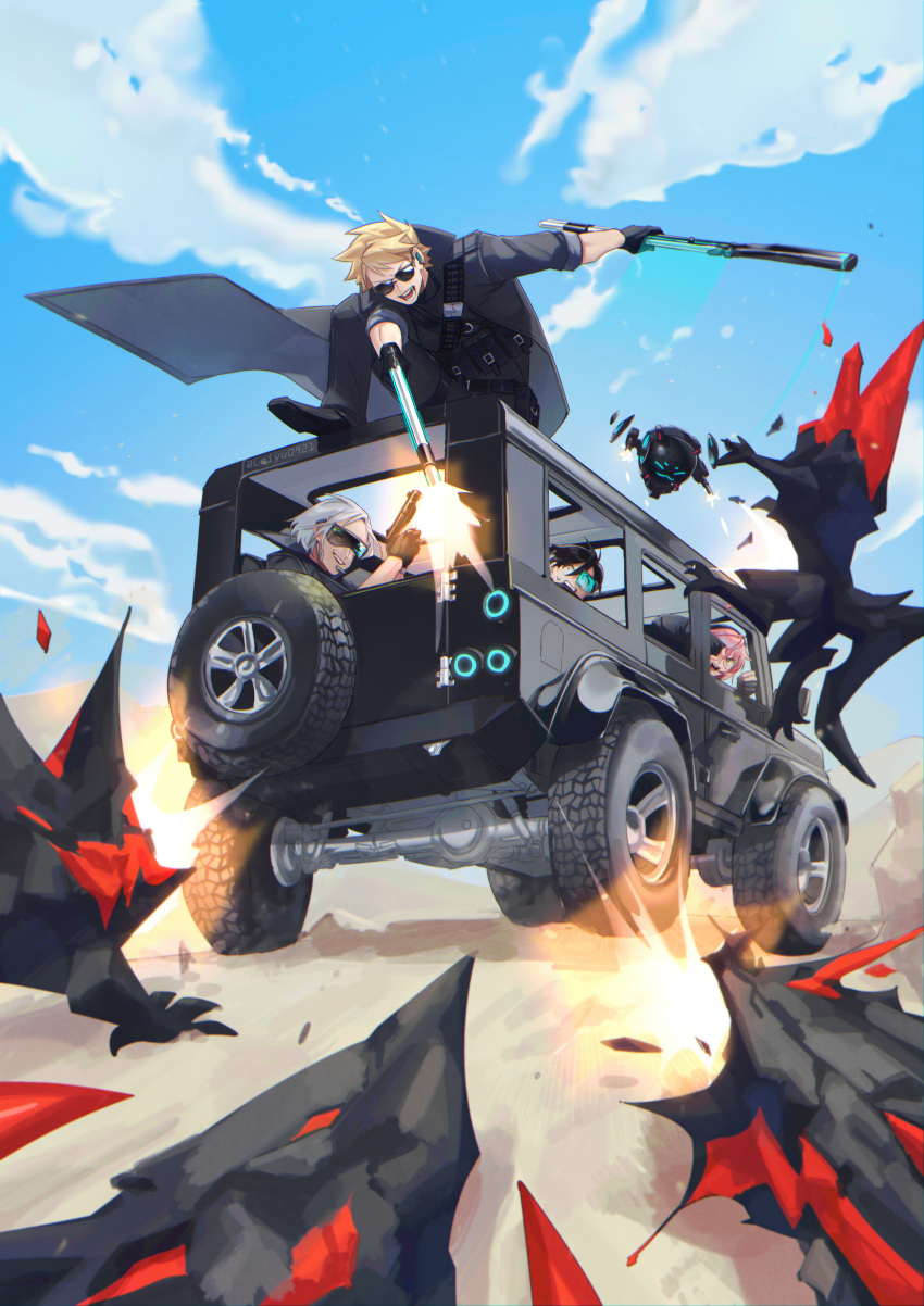 2boys 2girls absurdres action ahoge ammunition_belt attack belt black_coat black_footwear black_hair black_pants blonde_hair blue_sky blurry clouds coat collared_coat commentary_request counter:side day dirt_road drone dual_wielding firing floating_clothes glasses gloves glowing glowing_weapon grin ground_vehicle gun handgun head-mounted_display highres holding holding_gun holding_weapon jake_walker jeep kyle_wong light_trail lin_leiyu0921 looking_at_another maria_antonov monster motor_vehicle multiple_boys multiple_girls muzzle_flash on_vehicle open_mouth pants partially_fingerless_gloves pink_hair road rock round_eyewear sanpaku shoes shotgun sky sleeves_past_fingers sleeves_past_wrists sleeves_rolled_up smile spare_tire spiky_hair sunglasses sweatdrop sylvia_lena_cooper twitter_username utility_belt v-shaped_eyebrows weapon white_hair wireless_earphones