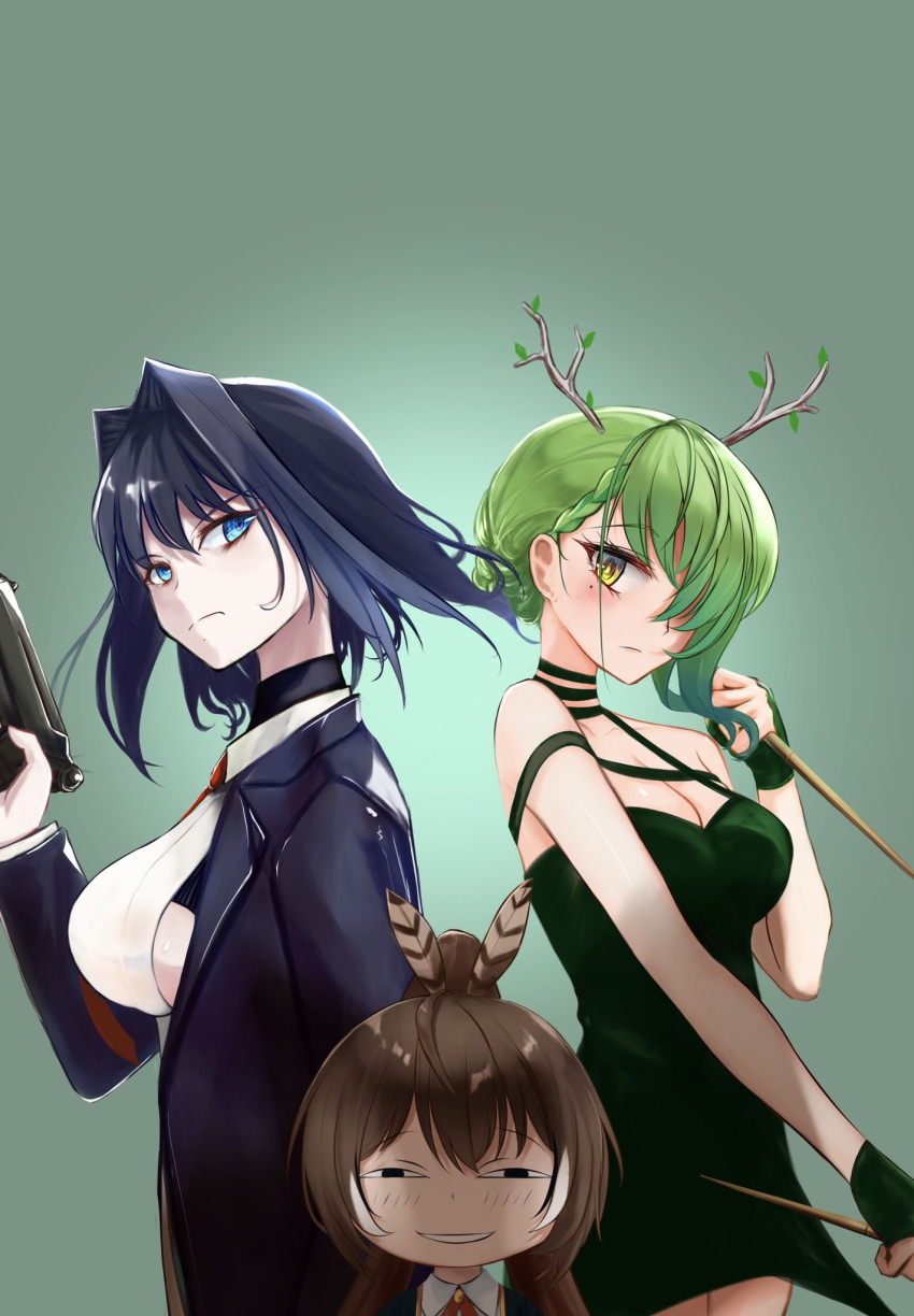 3girls antlers anya's_heh_face_(meme) anya_(spy_x_family) anya_(spy_x_family)_(cosplay) bare_shoulders black_hair blue_eyes blue_hair branch brown_hair ceres_fauna cosplay dress eden_academy_uniform feathers green_dress green_hair hair_ornament highres holding holding_weapon hololive hololive_english long_hair meme moral-steel multiple_girls nanashi_mumei necktie ouro_kronii short_hair spy_x_family twilight_(spy_x_family) twilight_(spy_x_family)_(cosplay) virtual_youtuber weapon yellow_eyes yor_briar yor_briar_(cosplay)