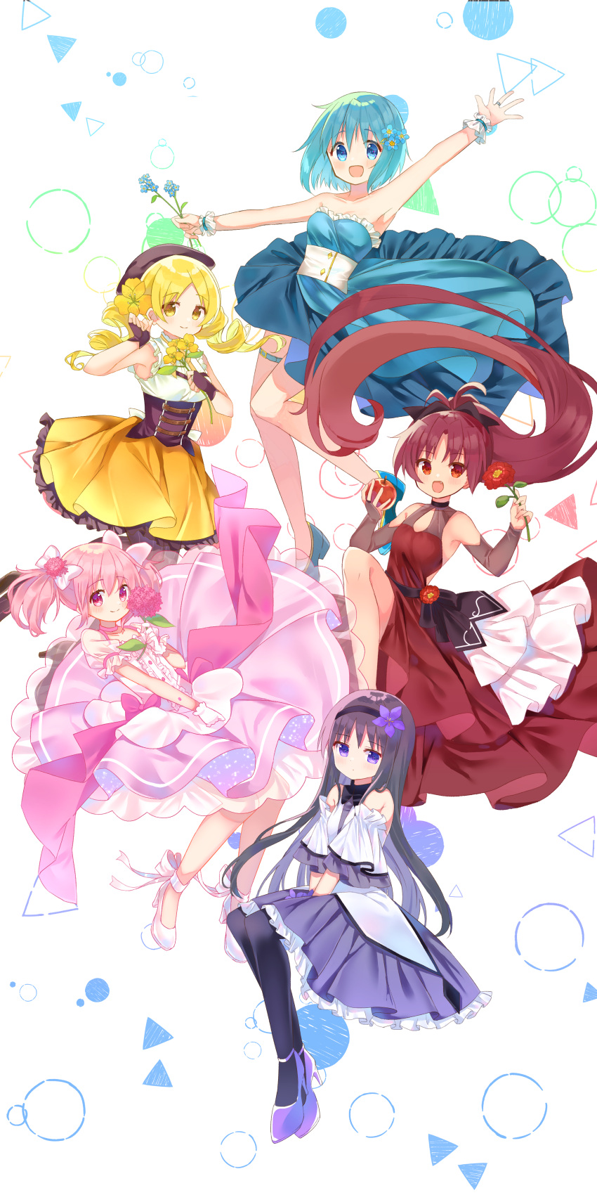 5girls :d absurdres adapted_costume akemi_homura ankle_ribbon ankle_strap apple armpits back_bow back_cutout bangs bare_arms bare_legs bare_shoulders belt beret black_gloves black_hair black_hairband black_headwear black_legwear black_ribbon blonde_hair blue_belt blue_dress blue_eyes blue_flower blue_footwear blue_hair bow breasts bridal_gauntlets brown_footwear brown_legwear bubble bubble_background buttons camellia center_frills choker cleavage_cutout closed_mouth clothing_cutout collarbone corset detached_sleeves dot_nose dress drill_hair expressionless eyebrows_visible_through_hair fang fingerless_gloves floating_hair flower flower_request food frilled_dress frilled_skirt frilled_sleeves frills fruit full_body glitter gloves hair_between_eyes hair_flower hair_ornament hair_ribbon hairband hairclip halter_dress halterneck hat high_heels high_ponytail highres holding holding_flower holding_food holding_fruit jewelry jitome kaname_madoka knees_together_feet_apart layered_dress layered_sleeves leaf leg_belt leg_ribbon legs_together light_blush light_smile long_dress long_hair looking_at_viewer mahou_shoujo_madoka_magica medium_breasts miki_sayaka multiple_girls neck_ribbon open_mouth outstretched_arms pantyhose parted_bangs parted_lips pink_bow pink_choker pink_dress pink_eyes pink_flower pink_hair pleated_skirt puffy_short_sleeves puffy_sleeves pumps purple_flower purple_skirt red_dress red_eyes red_flower redhead ribbon ring ruru_(rurumagi) sakura_kyouko see-through see-through_dress shirt shoes short_hair short_sleeves short_twintails simple_background single_horizontal_stripe skirt sleeveless sleeveless_shirt small_breasts smile spread_arms strapless strapless_dress striped striped_legwear tareme tomoe_mami triangle twin_drills twintails v_arms vertical-striped_legwear vertical_stripes very_long_hair violet_eyes waist_bow white_background white_bow white_footwear white_gloves white_ribbon white_shirt white_sleeves wide_sleeves wrist_cuffs yellow_eyes yellow_flower yellow_ribbon yellow_skirt