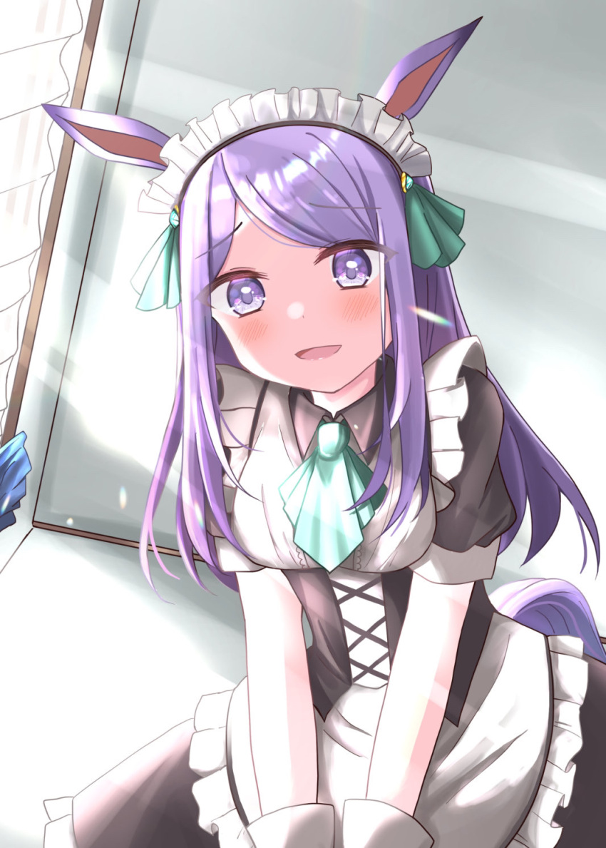 1girl :d alternate_costume animal_ears apron aqua_ascot ascot bangs blush breasts collared_dress commentary corset dress enmaided eyebrows_visible_through_hair highres horse_ears horse_girl horse_tail indoors lavender_hair long_hair looking_at_viewer maid maid_headdress medium_breasts mejiro_mcqueen_(umamusume) open_mouth parted_bangs puffy_short_sleeves puffy_sleeves purple_hair purple_tail sakura4620 short_sleeves smile solo sunlight tail umamusume v_arms violet_eyes waist_apron