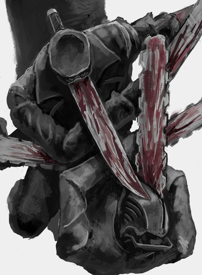 2boys blood blood_on_weapon chainsaw chainsaw_man coat collar denji_(chainsaw_man) facing_another facing_down facing_up fighting greyscale hat highres hybrid katana katana_man_(chainsaw_man) kishima_(ki123454321) long_sleeves monochrome multiple_boys on_person simple_background sword trench_coat weapon white_background