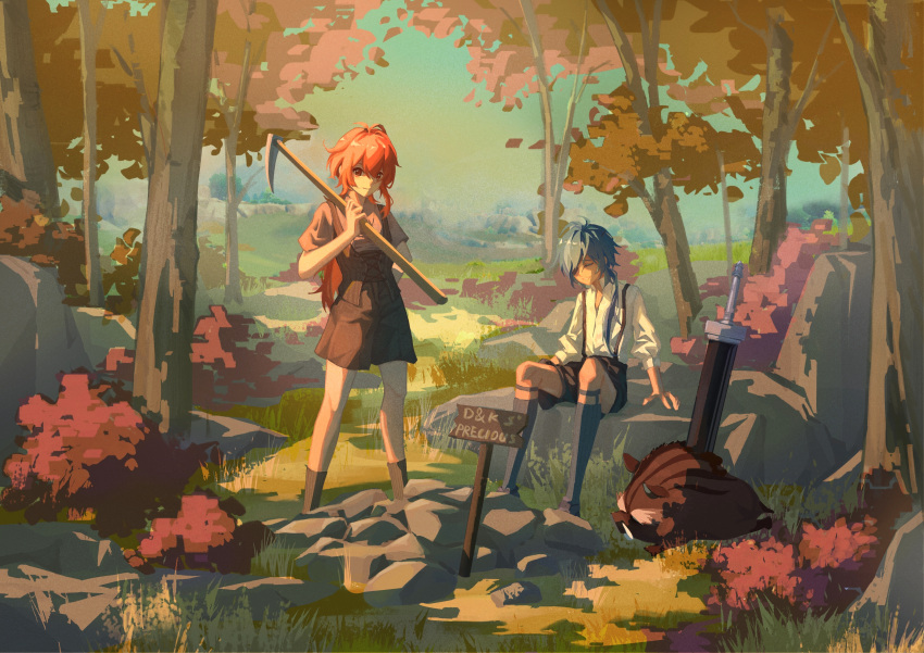 2boys absurdres antenna_hair bangs blue_hair boar brown_footwear brown_shirt brown_shorts brown_vest bush child chinese_commentary collared_shirt commentary_request diluc_(genshin_impact) eyepatch forest full_body genshin_impact grass highres holding holding_pickaxe kaeya_(genshin_impact) kneehighs lhibary male_child multiple_boys nature one_eye_closed one_eye_covered outdoors pickaxe planted planted_sword red_eyes redhead rock scenery shirt short_sleeves shorts sign signpost sitting sky smile standing suspenders sword tree vest weapon white_shirt younger