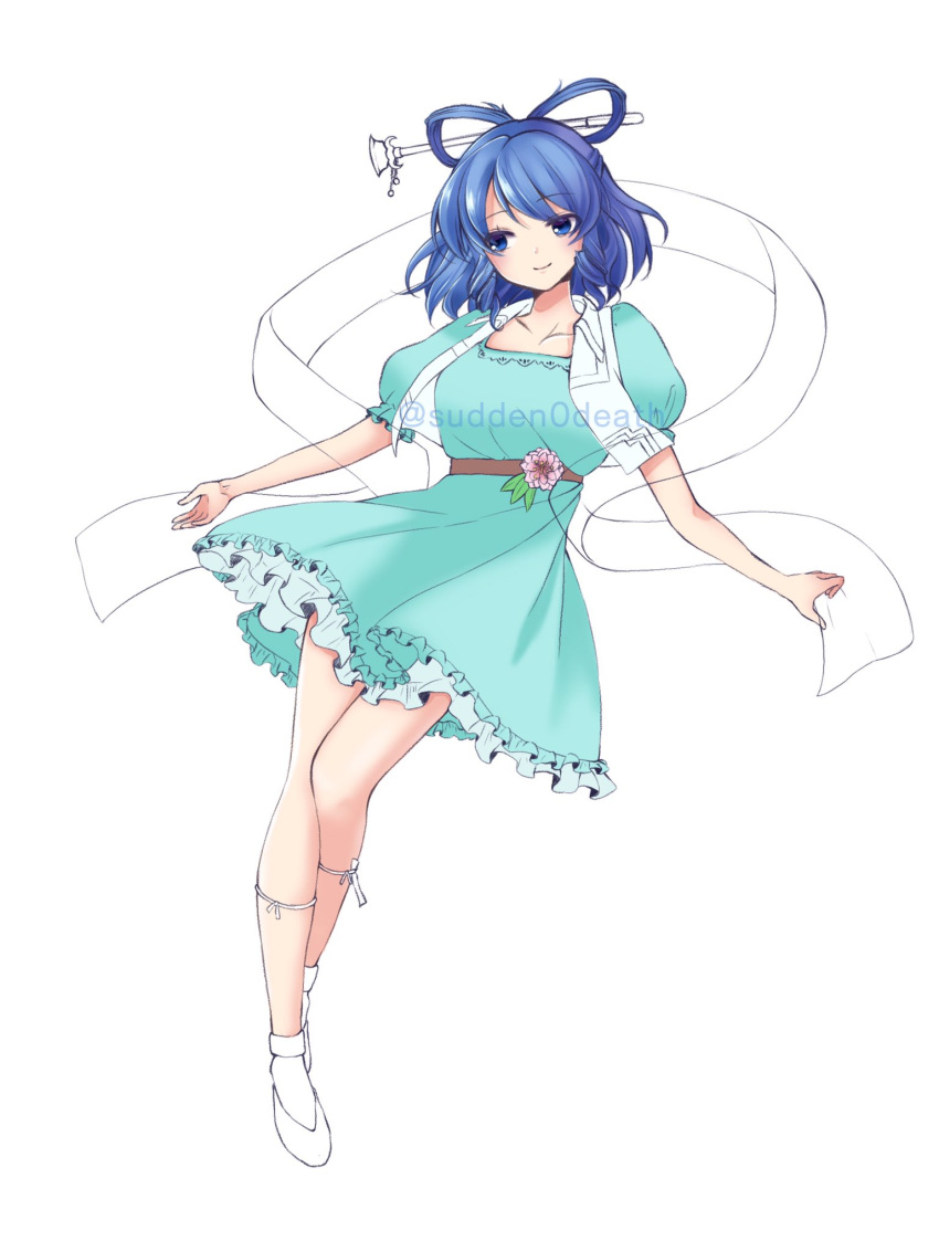 1girl artist_name belt black_belt blue_dress blue_eyes blue_hair breasts collarbone dress drill_hair floating flower full_body hagoromo hair_ornament hair_rings hair_stick highres kaku_seiga looking_to_the_side ofuda open_clothes open_vest puffy_short_sleeves puffy_sleeves shawl shoes short_dress short_hair short_sleeves simple_background smile socks solo sudden0death touhou vest white_background white_legwear white_vest