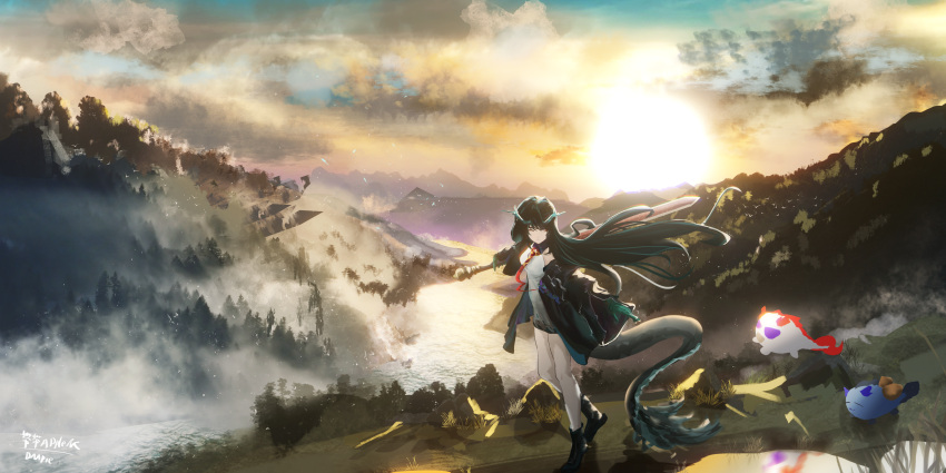 3girls :3 :d absurdres animalization antlers arknights bare_legs bird black_coat black_footwear black_gloves black_hair black_tail blue_fur blue_horns blue_tail boots chinese_commentary closed_mouth clouds coat commentary_request daapie day dragon dragon_girl dragon_tail dress dusk_(arknights) eastern_dragon evening eyebrows_behind_hair eyeshadow flock fog forest from_side frown gloves green_gloves green_hair green_tail highres holding holding_sword holding_weapon horns huge_weapon jumping light_particles ling_(arknights) long_hair looking_to_the_side makeup mountain mountainous_horizon multiple_girls nature necktie nian_(arknights) one_eye_closed open_clothes open_coat outdoors outstretched_arms path petals puddle red_eyes red_eyeshadow red_fur red_horns red_necktie red_tail reflection reflective_water river scenery short_dress signature sky smile solo_focus sword tail tree violet_eyes walking weapon white_dress white_fur white_tail wide_shot wide_sleeves wing_collar