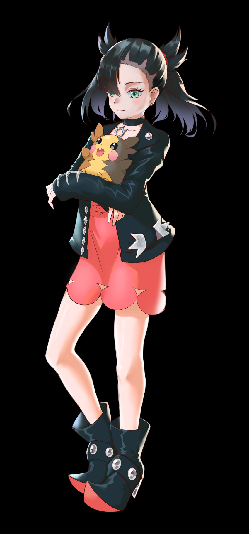 1girl absurdres ankle_boots asymmetrical_bangs bangs black_background black_choker black_footwear black_hair black_jacket boots choker closed_mouth collarbone commentary_request cyau_0611 dress earrings eyelashes full_body green_eyes highres holding holding_pokemon jacket jewelry marnie_(pokemon) morpeko morpeko_(full) open_clothes open_jacket pink_dress pokemon pokemon_(creature) pokemon_(game) pokemon_swsh simple_background smile