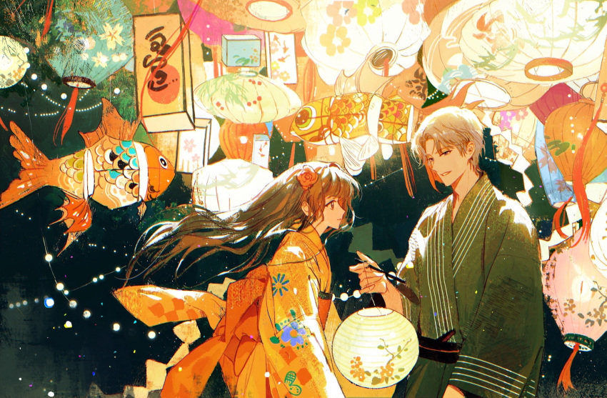 1boy 1girl bangs brown_hair character_request floating_hair flower glowing grey_hair hair_flower hair_ornament hand_up hanging_lantern highres holding holding_lantern japanese_clothes kimono lantern light_and_night_love light_brown_hair long_hair long_sleeves looking_at_another looking_away looking_down night obi profile red_flower sash short_hair smile string_of_light_bulbs tassel themed_object too_many upper_body very_long_hair wanyou yukata