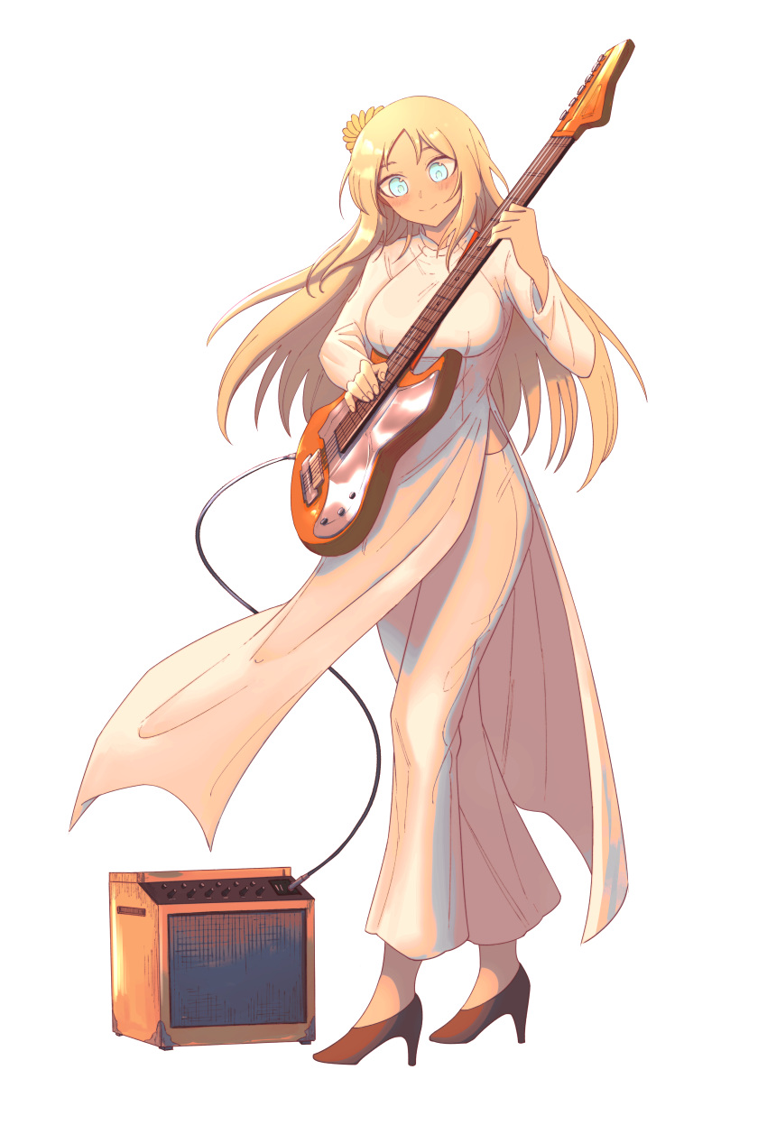 1girl absurdres amplifier blonde_hair blush breasts brown_footwear cable closed_mouth dress electric_guitar flower full_body guitar hair_flower hair_ornament high_heels highres hornee_borgar instrument light_blue_eyes long_hair long_sleeves medium_breasts music original pants pink_dress pink_pants playing_instrument sidelocks simple_background smile solo standing vietnamese_dress white_background