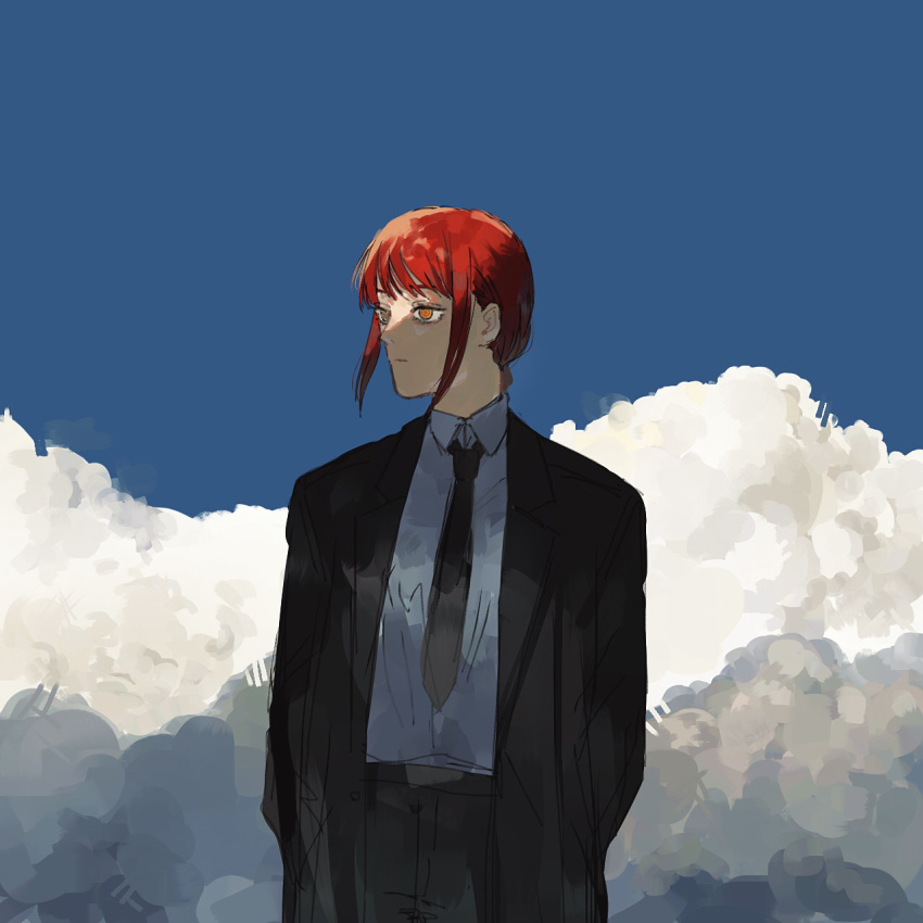 1girl bangs black_coat black_necktie black_pants chainsaw_man clouds cloudy_sky coat collared_shirt day formal hands_in_pockets highres looking_to_the_side makima_(chainsaw_man) medium_hair necktie pants redhead ringed_eyes shirt shirt_tucked_in sidelocks sky solo standing suit user_fapm37210 white_shirt