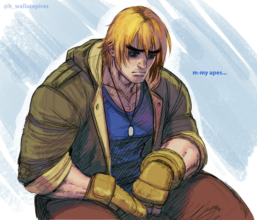 1boy bags_under_eyes blue_eyes blue_shirt cryptocurrency dog_tags english_commentary facial_hair fingerless_gloves gloves green_jacket jacket ken_masters male_focus mismatched_eyebrows sad shirt short_hair sitting sleeves_pushed_up solo street_fighter street_fighter_6 stubble thick_eyebrows wallace_pires yellow_gloves