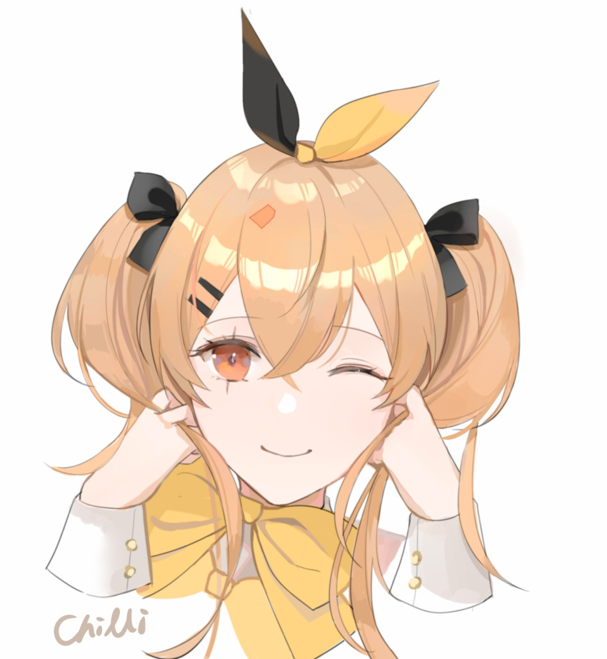 1girl artist_name bangs bow bowtie brown_eyes chilli_646 closed_mouth eyebrows_visible_through_hair girls_frontline hair_bow hair_ornament hairclip hands_in_hair highres light_brown_hair long_hair looking_at_viewer official_alternate_costume one_eye_closed scar scar_across_eye smile solo twintails ump9_(girls'_frontline) ump9_(the_wish-granting_sorceress_of_fireworks)_(girls'_frontline) upper_body white_background yellow_bow yellow_bowtie