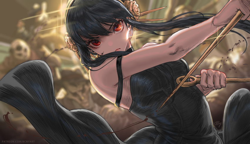 1girl b.c.n.y. bangs bare_arms black_dress black_hair dagger dress dual_wielding furrowed_brow gold_hairband highres holding holding_weapon knife long_hair looking_at_viewer patreon_username red_eyes sidelocks solo spy_x_family stiletto_(weapon) upper_body weapon yor_briar