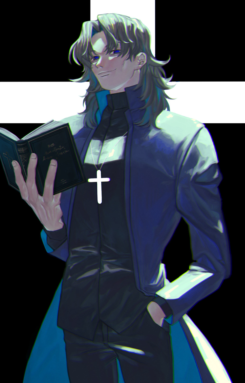 1boy bangs black_background black_pants blue_eyes book brown_hair cross cross_background cross_necklace fate/grand_order fate_(series) hand_in_pocket highres holding holding_book jewelry kotomine_kirei long_hair long_sleeves male_focus necklace open_book pants parted_bangs priest shirasugawa_(yuusha) solo