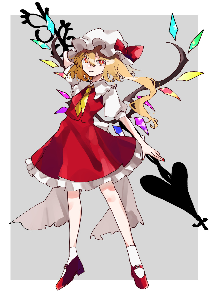 1girl ascot bangs blonde_hair bow closed_mouth crystal flandre_scarlet full_body grey_background hat hat_ribbon highres holding laevatein_(touhou) light_smile looking_at_viewer mary_janes miko_(miko030751) mob_cap nail_polish one-hour_drawing_challenge one_side_up outside_border puffy_short_sleeves puffy_sleeves red_eyes red_footwear red_nails red_ribbon red_skirt red_vest ribbon shirt shoes short_sleeves simple_background skirt skirt_set smile socks solo standing touhou vest white_headwear white_legwear white_shirt wings yellow_ascot