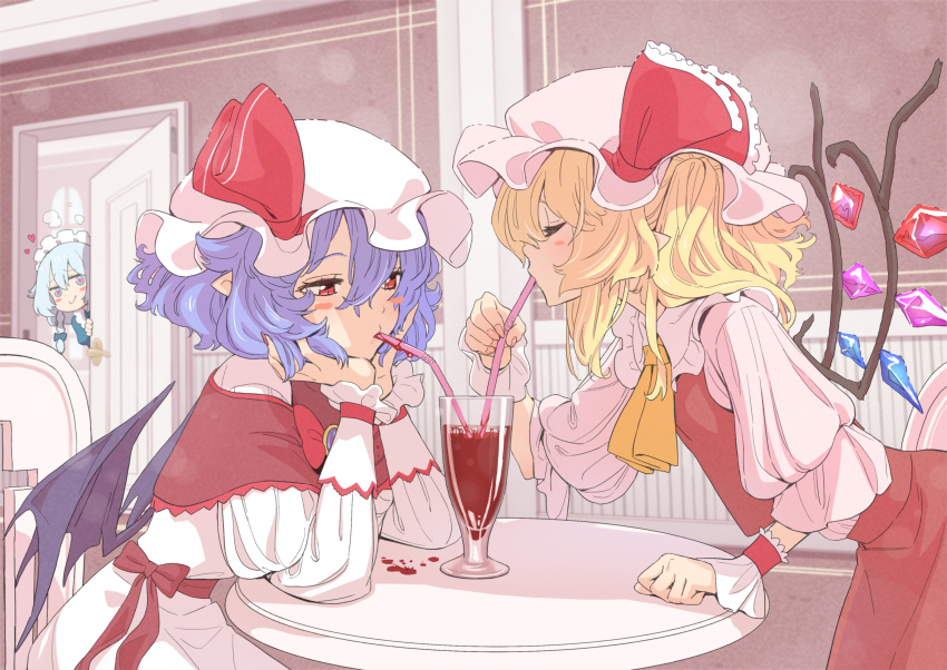 3girls absurdres ascot bangs bat_wings belt blonde_hair blood blue_dress blush blush_stickers bow bowtie braid breasts brown_belt brown_bow brown_capelet brown_nails capelet chair closed_eyes cross crystal door dress drink drinking eyebrows_visible_through_hair fingernails flandre_scarlet floor glass grey_hair hair_between_eyes hand_up hands_on_own_face hands_up hat hat_ribbon heart heart-shaped_pupils highres indoors izayoi_sakuya jewelry juliet_sleeves kawayabug long_fingernails long_sleeves looking_at_another looking_down maid maid_headdress mob_cap multicolored_wings multiple_girls nail_polish one_side_up open_door open_mouth pink_headwear pink_shirt pointy_ears puffy_long_sleeves puffy_short_sleeves puffy_sleeves purple_hair red_bow red_bowtie red_eyes red_ribbon red_skirt red_vest remilia_scarlet ribbon shirt short_hair short_sleeves sitting skirt small_breasts smile standing symbol-shaped_pupils table touhou twin_braids vest wall white_dress white_headwear window wings wrist_cuffs yellow_ascot