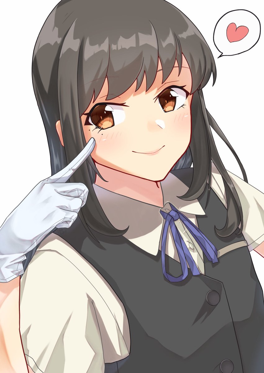 1girl absurdres black_hair black_vest blue_ribbon brown_eyes come2traveling gloves hayashio_(kancolle) heart highres kantai_collection long_hair mole mole_under_eye pointing pointing_at_self ribbon school_uniform shirt simple_background solo spoken_heart upper_body vest white_background white_gloves white_shirt