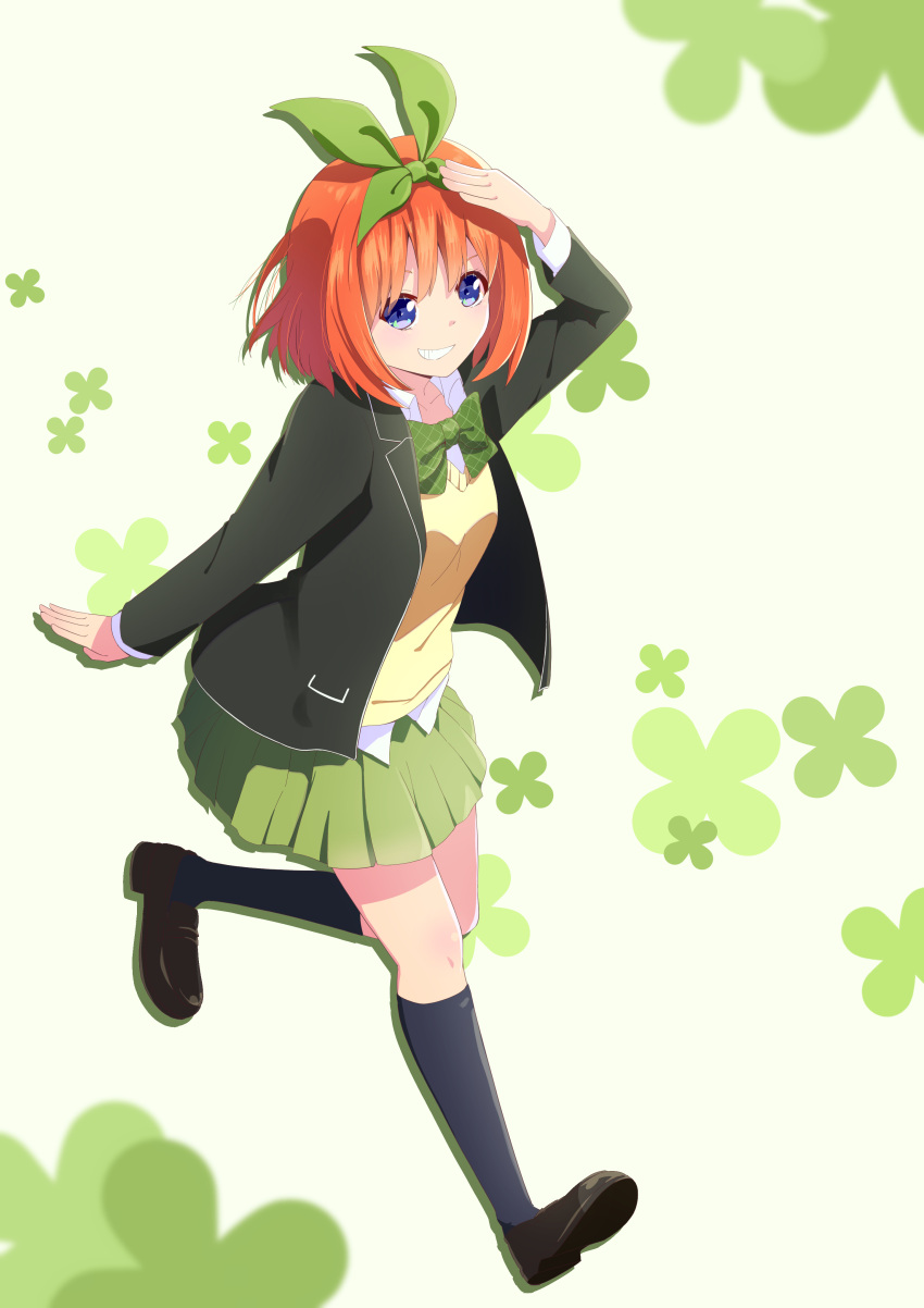 1girl absurdres bangs black_footwear black_jacket black_legwear blue_eyes bow bow_hairband bowtie collarbone collared_shirt go-toubun_no_hanayome green_bow green_bowtie green_hairband green_skirt grin hair_bow hairband highres jacket kneehighs leg_up long_hair long_sleeves miniskirt nakano_yotsuba open_clothes open_jacket orange_hair plaid plaid_bow plaid_bowtie pleated_skirt school_uniform shiny shiny_hair shirt skirt smile solo sweater white_background white_shirt wing_collar yasuba_yuichi yellow_sweater