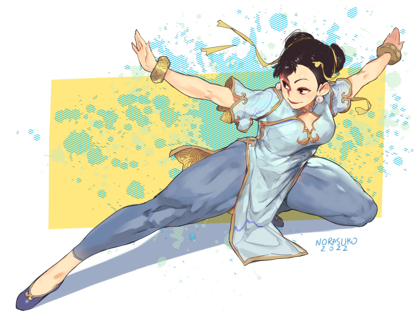 1girl black_hair blue_footwear blue_pants bracelet chest_cutout chinese_clothes chun-li double_bun fighting_stance hair_ribbon highres jewelry muscular muscular_female norasuko pants pelvic_curtain red_lips ribbon short_sleeves smile solo street_fighter street_fighter_6 thick_thighs thighs yellow_ribbon