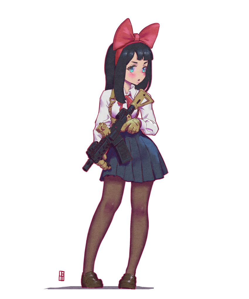 1girl black_footwear black_hair blue_eyes blue_skirt blush bow boyleart brown_legwear chestnut_mouth gloves gun hair_bow highres holding holding_gun holding_weapon long_hair mary_janes open_mouth pantyhose red_bow red_ribbon ribbon school_uniform shirt shoes simple_background skirt standing weapon white_background white_shirt yellow_gloves