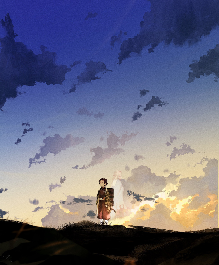 2boys absurdres back-to-back backpack bag belt black_pants blonde_hair box brown_hair cape checkered_clothes closed_eyes clouds demon_slayer_uniform flame_print ghost gradient_sky grass haori height_difference highres japanese_clothes kamado_tanjirou katana kimetsu_no_yaiba long_sleeves male_focus multiple_boys outdoors pants pants_tucked_in rengoku_kyoujurou scar scar_on_face scar_on_forehead scenery short_hair sky solo_focus standing sword teto0509 transparent twilight weapon white_cape wide_sleeves