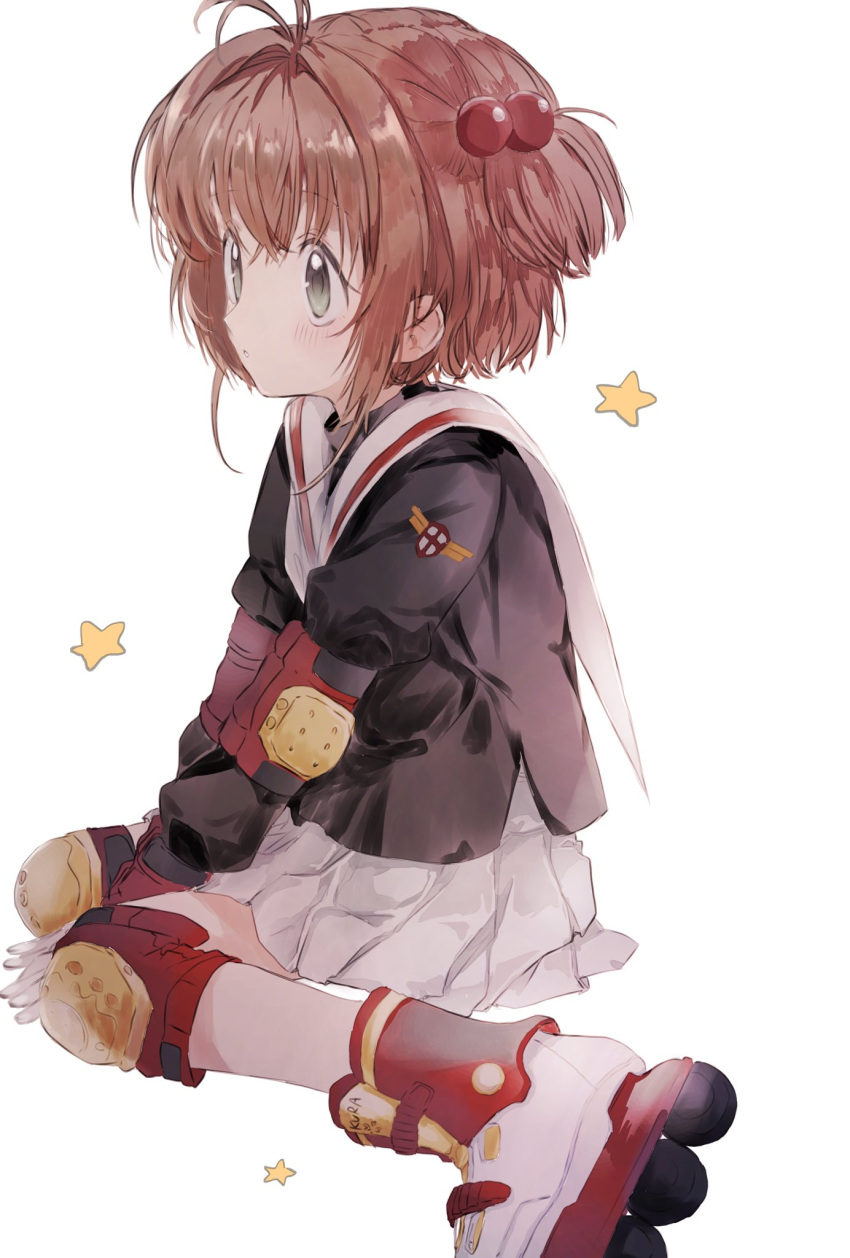 1girl blush brown_hair cardcaptor_sakura female_child green_eyes hano_luno highres inline_skates kinomoto_sakura roller_skates school_uniform simple_background skates skirt solo star_(symbol) tomoeda_elementary_school_uniform white_background white_skirt