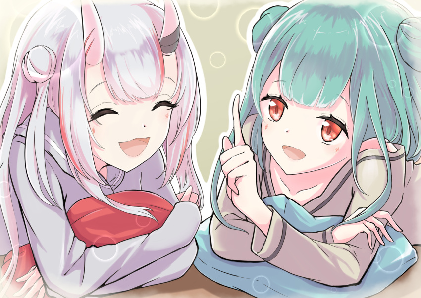 2girls :d bare_shoulders blush brown_shirt collarbone commentary_request double_bun facing_another green_hair grey_hair grey_shirt hand_up highres hilamaru hololive horns index_finger_raised long_sleeves looking_at_another multicolored_hair multiple_girls nakiri_ayame object_hug off_shoulder oni oni_horns pillow pillow_hug red_eyes redhead shirt smile streaked_hair two_side_up uruha_rushia virtual_youtuber