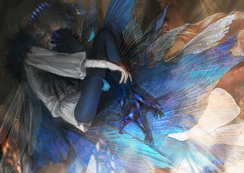 1boy alternate_hair_color arthropod_boy au_(d_elite) bangs black_fur black_hair blue_pants blue_tassel cloak closed_eyes closed_mouth collared_shirt commentary_request crown diamond_hairband fate/grand_order fate_(series) full_body fur_collar highres insect_wings long_sleeves lying male_focus medium_hair oberon_(fate) oberon_(third_ascension)_(fate) official_alternate_costume pants shirt signature solo spoilers tassel twitter_username white_shirt wings