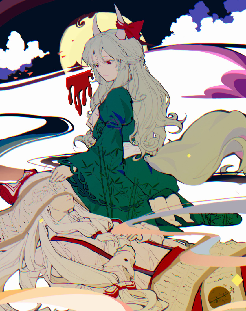 2girls :/ absurdres bamboo_print blood bow closed_mouth clouds commentary covered_eyes ex-keine fujiwara_no_mokou full_moon green_hair green_kimono hair_between_eyes hair_bow hands_on_own_chest highres horn_ornament horn_ribbon horns japanese_clothes kamishirasawa_keine kimono long_hair long_sleeves looking_at_another lying moon multiple_girls obi on_back pants puffy_sleeves red_bow red_eyes red_pants red_ribbon ribbon sash scroll seiza shirt sitting sleeve_cuffs tail touhou very_long_hair white_hair white_shirt wide_sleeves yongyu366