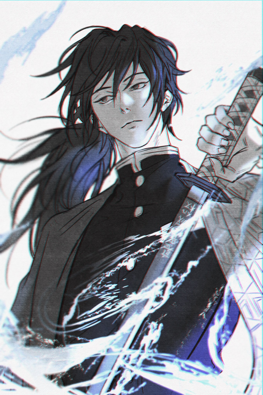 1boy asymmetrical_clothes bangs blue_theme closed_mouth demon_slayer_uniform eocndrmfu fingernails hair_between_eyes hand_up haori highres holding holding_sword holding_weapon japanese_clothes katana kimetsu_no_yaiba long_hair long_sleeves looking_away male_focus ponytail sideways_glance solo spot_color sword sword_writing tomioka_giyuu unsheathed upper_body water weapon