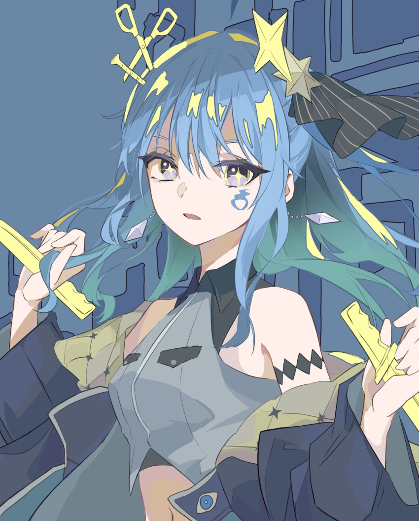 1girl bare_shoulders blue_hair breasts collared_shirt eyebrows_visible_through_hair hair_between_eyes hair_ornament highres holding hololive hoshimachi_suisei jacket jacket_on_shoulders knife minmin2563 nail navel open_mouth scissors shirt shuriken shuriken_hair_ornament solo star-shaped_pupils star_(symbol) symbol-shaped_pupils violet_eyes weapon