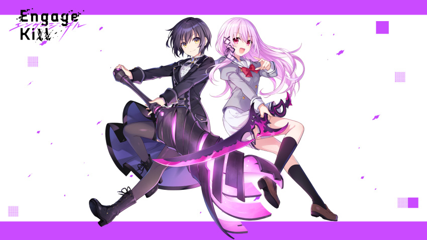 bandaged_leg bandages black_hair boots engage_kiss formal hair_ribbon highres kisara_(engage_kiss) kneehighs kuroe-tan long_coat official_art pink_eyes pink_hair promotional_art ribbon school_uniform short_hair suit sword tsunako weapon yellow_eyes