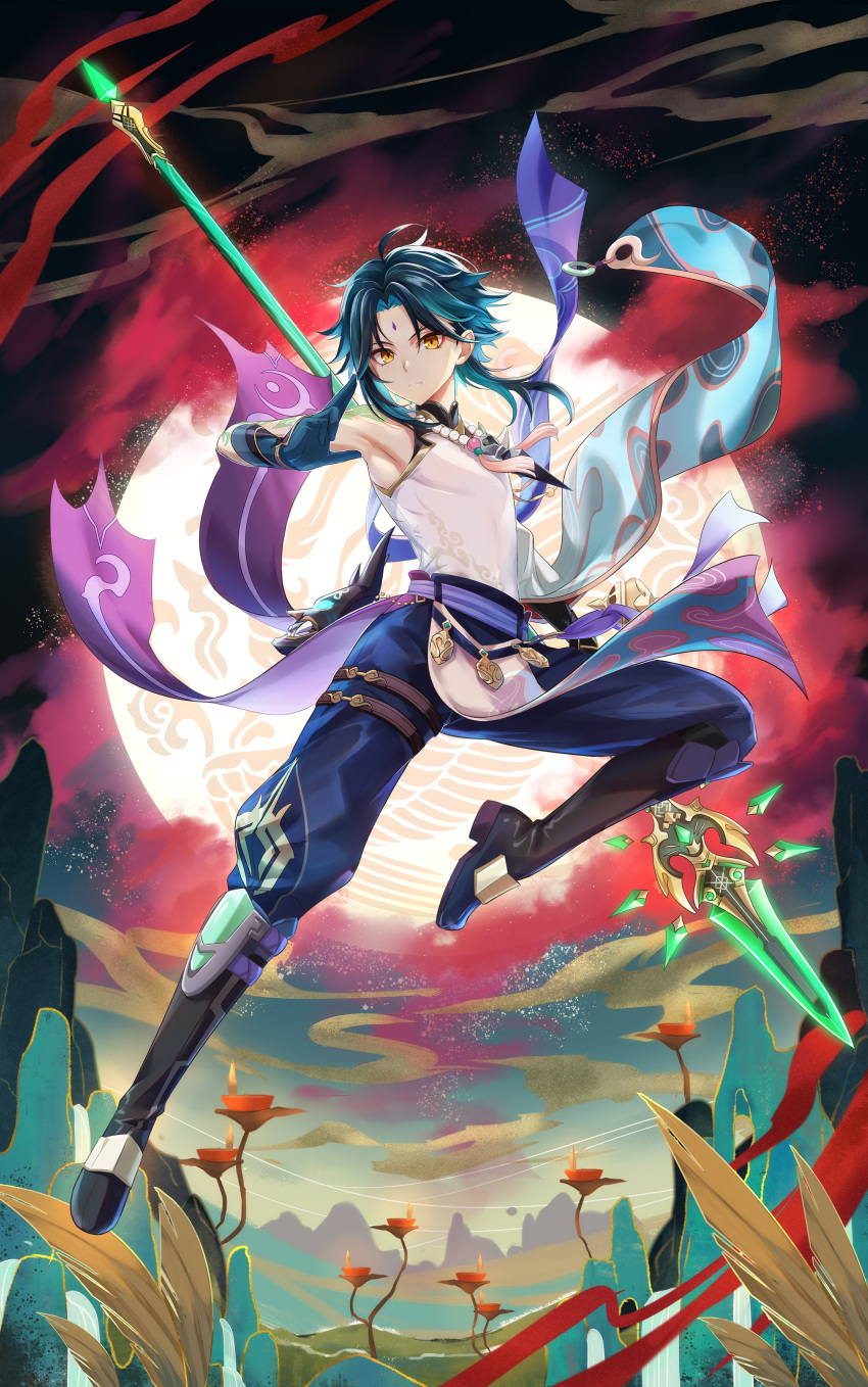 1boy absurdres arm_tattoo asymmetrical_clothes bead_necklace beads beans boots clothes colored_skin detached_sleeves diamond-shaped_pupils diamond_(shape) facial_mark fcc genshin_impact gloves green_gloves green_hair highres jewelry male_focus multicolored_hair necklace primordial_jade_winged-spear_(genshin_impact) single_bare_shoulder single_detached_sleeve symbol-shaped_pupils tassel tattoo weapon white_skin xiao_(genshin_impact) yellow_eyes