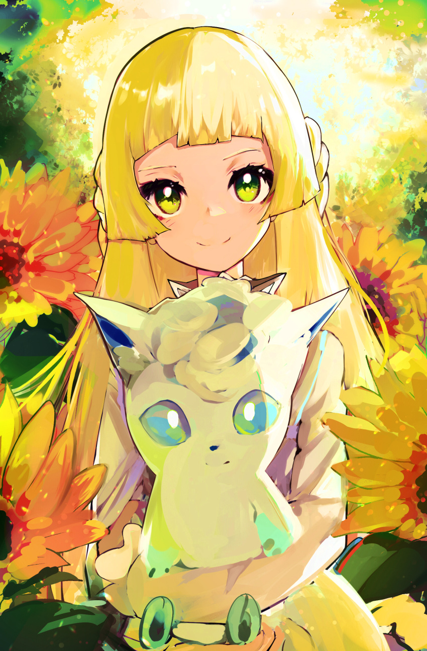 1girl absurdres alolan_vulpix animal bangs blonde_hair blunt_bangs closed_mouth day dress english_commentary flower green_eyes head_tilt highres holding holding_animal lillie_(pokemon) looking_at_viewer lxios39 outdoors pokemon pokemon_(game) pokemon_sm short_sleeves sidelocks smile sunflower sunlight upper_body white_dress